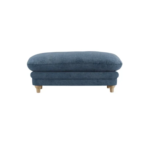 PlumptonDenim Blue Footstool Chenille Upholstered With Brown Wood Legs