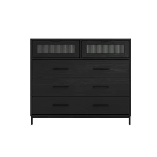 Edison Matte Black Chest - Industrial Style with Reeded Glass & Metal Frame