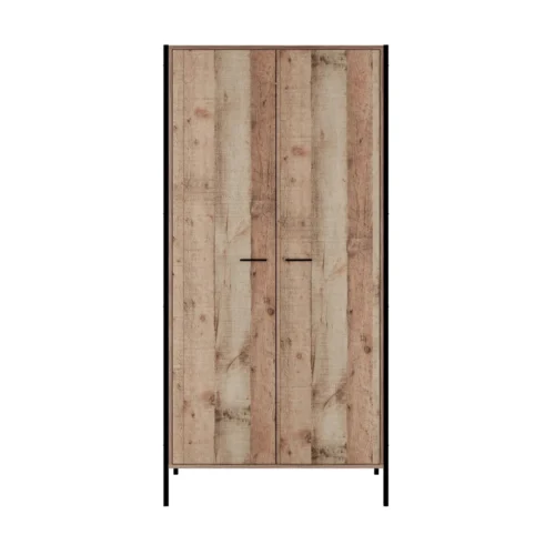 Hoxton 2-Door Wardrobe Industrial Chic with Distressed Oak Effect, Sleek Storage