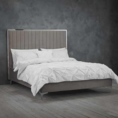 Berkeley Mink-Grey Velvet Double Bed Luxurious Comfort & Elegant Silver Accents